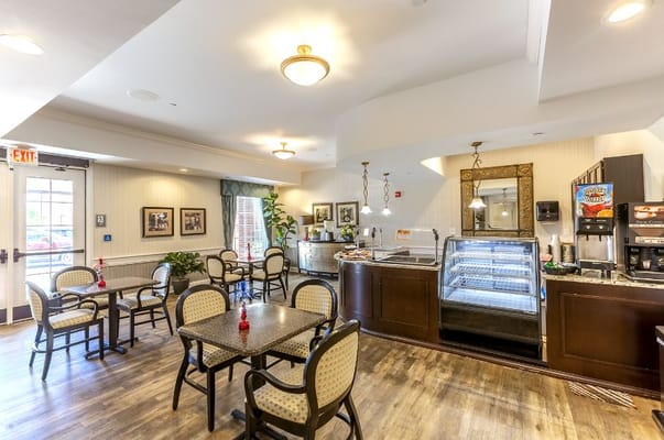 Interior view of the dining area with tables and chairs