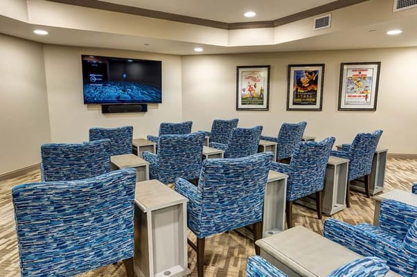 Seating area in the theater room with a large screen and movie posters on the wall.