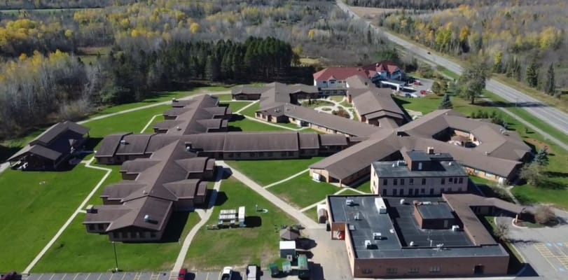 Aerial view of the nursing home facility surrounded by greenery