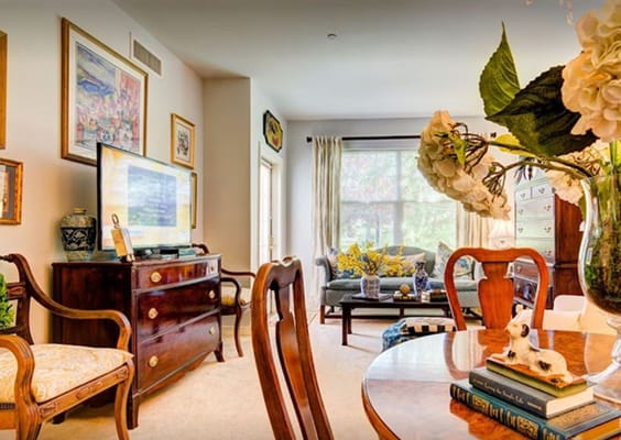 Bright and inviting common area with home-like decor