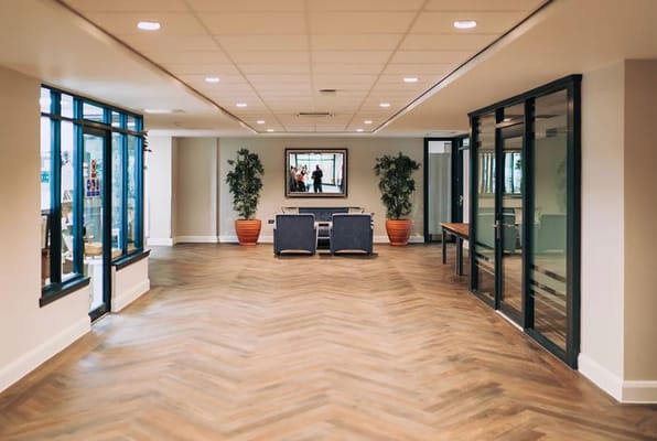 Bright, open common area with seating