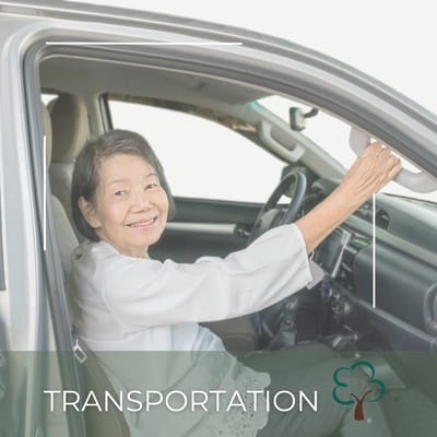 Senior woman smiling from the driver's seat of a car