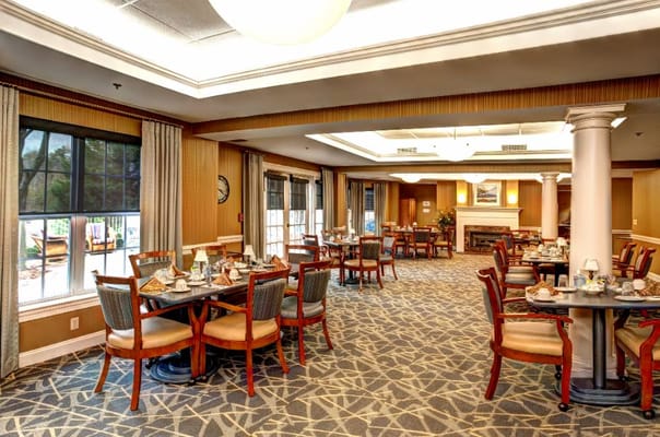 Dining room set for a meal service in a senior living facility