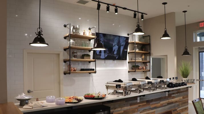 Dining area with food display and lighting