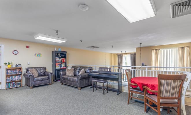 Interior view of a common area with seating