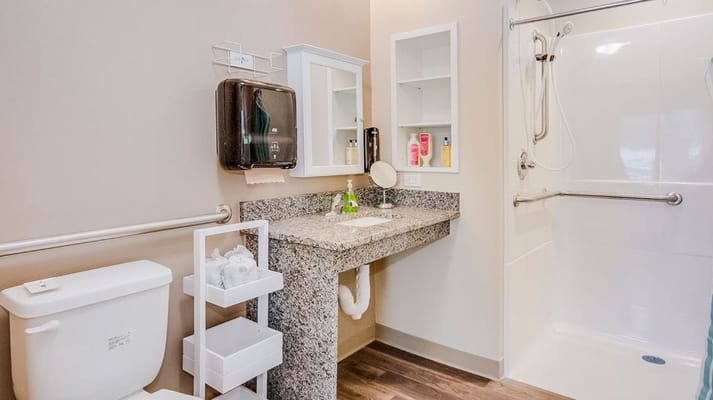 Accessible bathroom with a shower and sink at Meadow Lane Assisted Living.