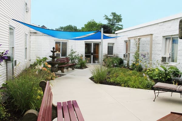 Outdoor garden area with seating and plants