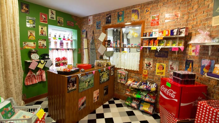 Interior view of a vintage-themed store area