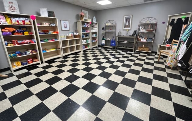 Interior view of a facility's store area with checkered floor