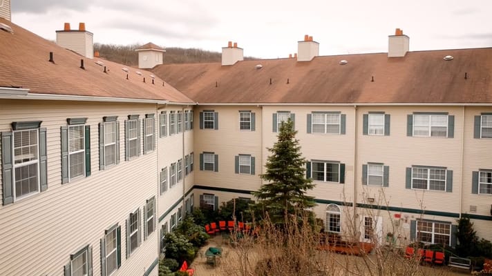 Aerial view of the central courtyard with seating area