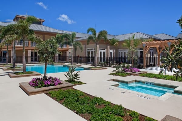Well-maintained outdoor pool area with palm trees and flowers