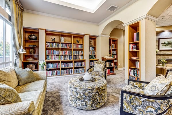 Indoor library with seating and bookshelves
