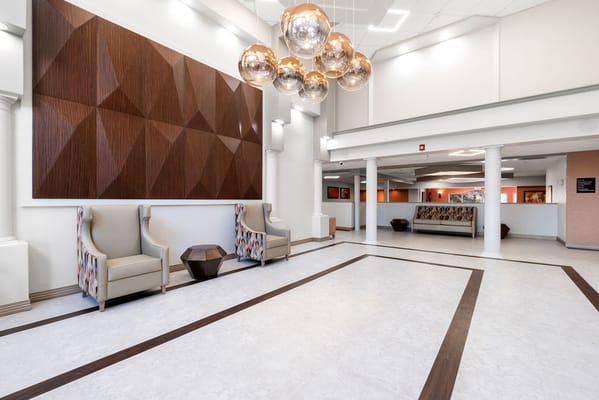 Bright and modern lobby area with seating