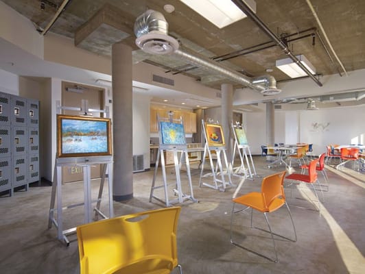 Art display in a bright activity room