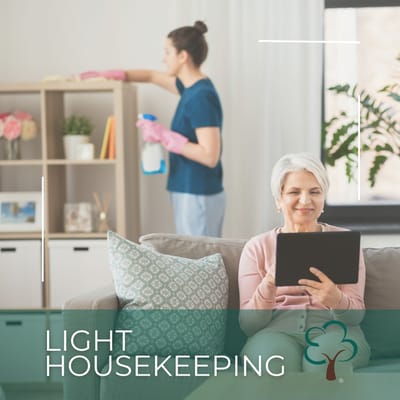 Senior woman using a tablet while a caregiver cleans nearby.