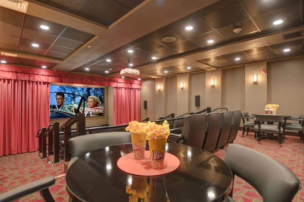 Cozy theater room with a movie screen and popcorn.