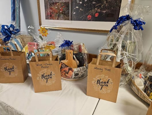 Decorative gift baskets on a table