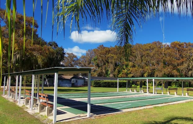 Outdoor bocce ball court surrounded by trees