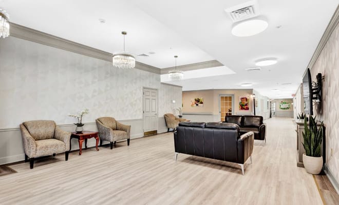 Common area in a well-lit assisted living facility