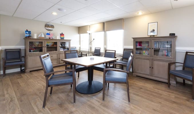 Common area with seating and bookcases