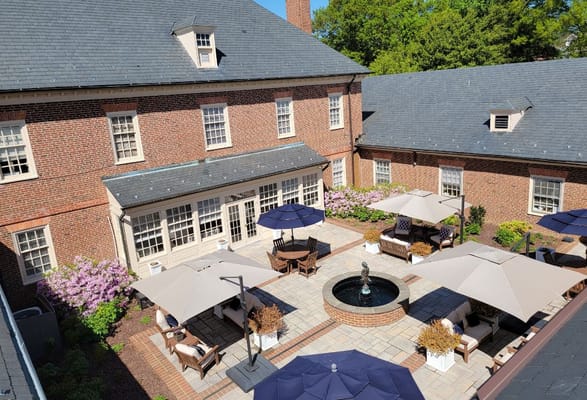 Outdoor courtyard with seating and landscape features