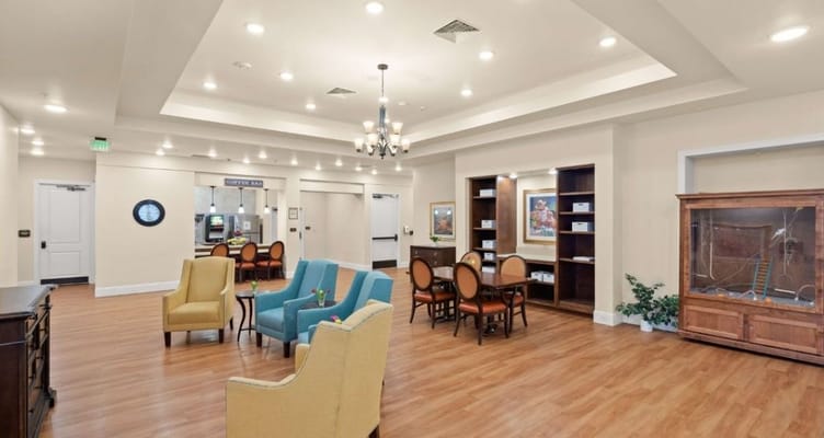 Bright common area with seating and decor