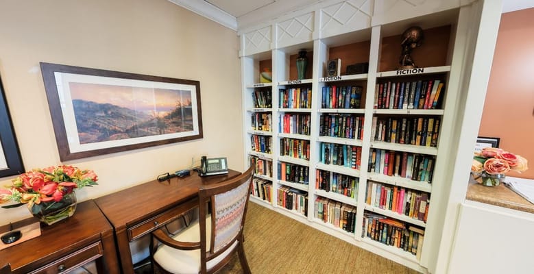 Interior view of a reading room with bookshelves