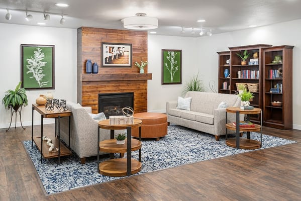 Cozy living room featuring a fireplace, seating, and bookshelf.