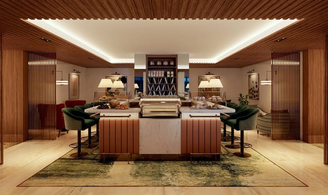 Interior view of the cafe with seating and a food display