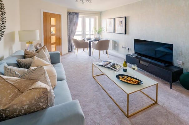 Bright living room with modern furniture and decor