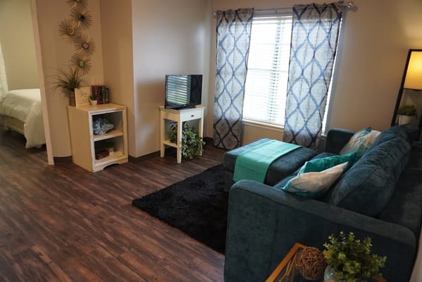 Living room area featuring a blue couch, television, and decorative elements
