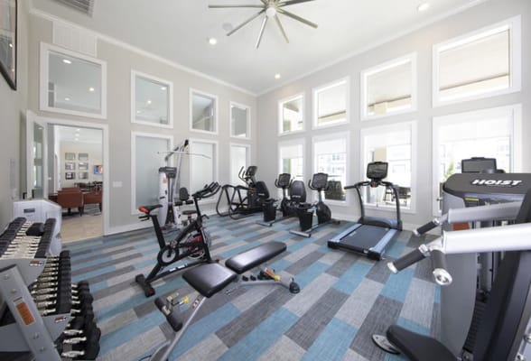 Well-equipped gym with exercise machines and weights