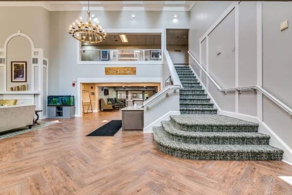 Interior view of the main lobby with stairs