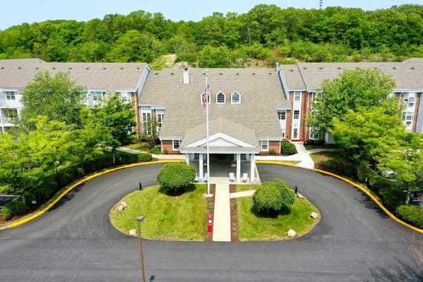 Aerial view of the main entrance of the senior living facility