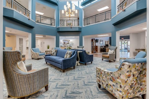 Spacious lobby with comfortable seating and modern decor