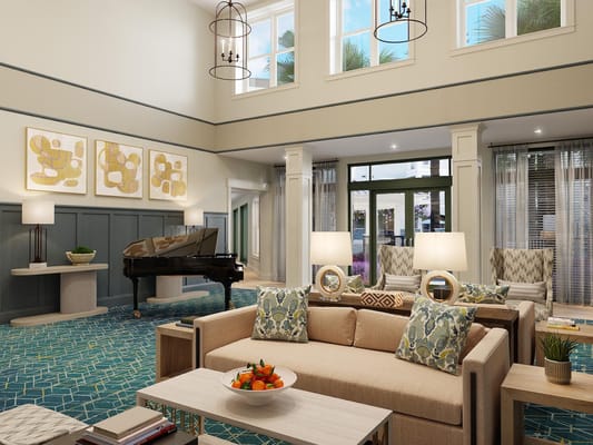 Stylish lounge with piano, seating, and artwork.