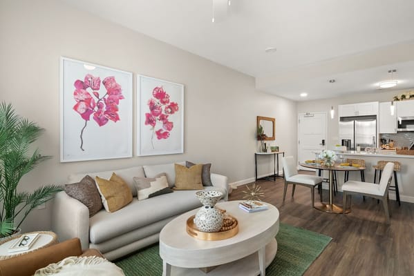 Stylish living room with modern decor and a dining area