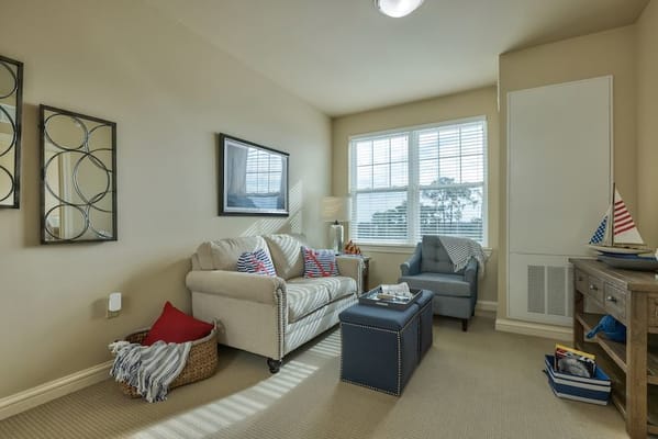 Bright living room with comfortable seating and decorative accents