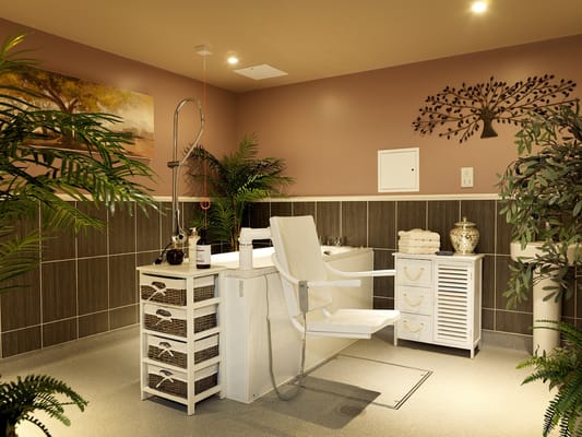 A well-equipped accessible bathroom with plants and modern fixtures.