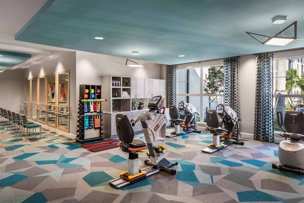 Rehabilitation gym with exercise equipment and colorful decor