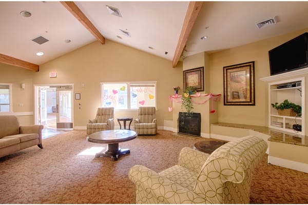 Cozy lounge area with seating and a fireplace