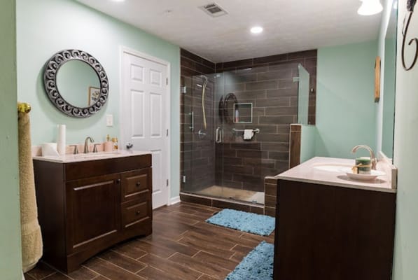 Spacious bathroom with shower and dual sinks