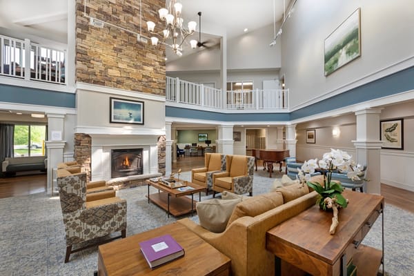 Cozy lobby area featuring a fireplace and comfortable seating