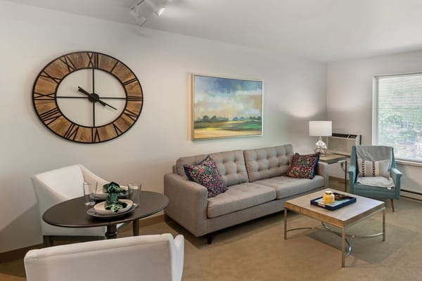 Living room with a comfortable sofa, armchair, and decorative clock