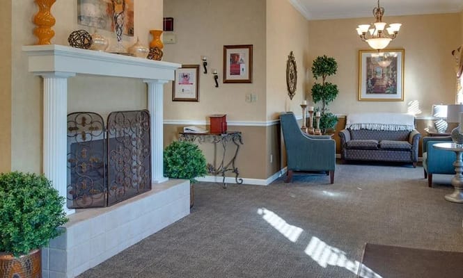 Comfortable living room with fireplace and seating