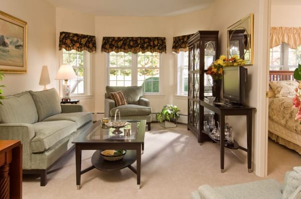 Comfortable living room with a sofa, armchair, and TV stand