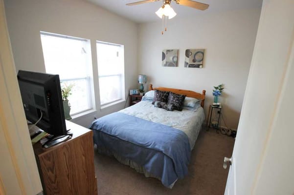 A cozy bedroom with a bed, television, and natural light from windows.