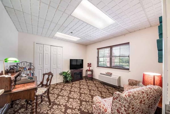 A cozy living room with a vintage chair, a writing desk, and decorative carpet.