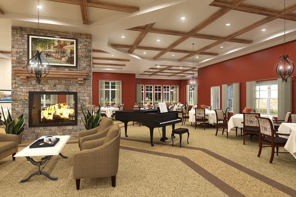 Interior dining room with piano and cozy seating