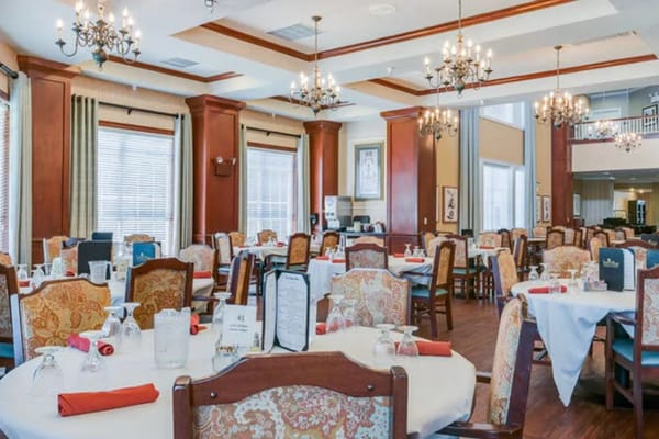 Elegant dining room with tables and chandeliers